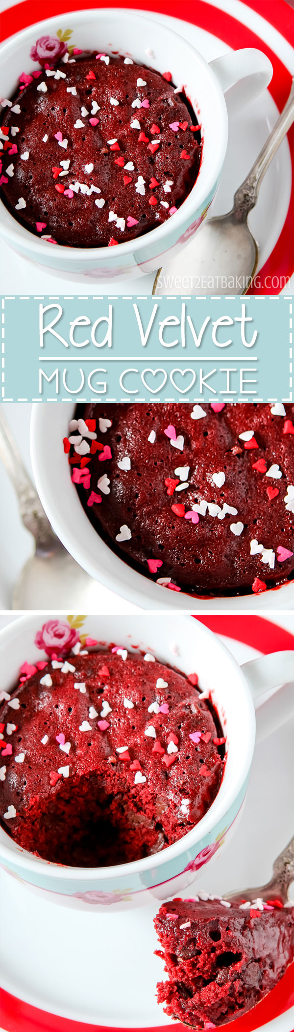Valentine's Red Velvet Chocolate Chip Mug Cookie Recipe by Sweet2EatBaking.com
