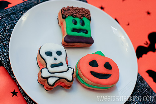 Halloween Sandwich Cookies - Skull n' Crossbones, Jack o' Lantern, Frankenstein's Monster