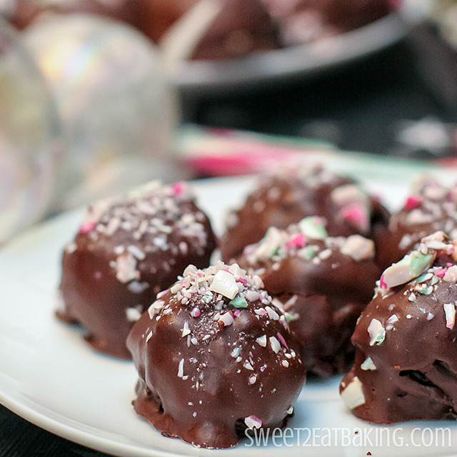 Candy Cane Chocolate Peanut Butter Oreo Truffles Recipe by Sweet2EatBaking.com