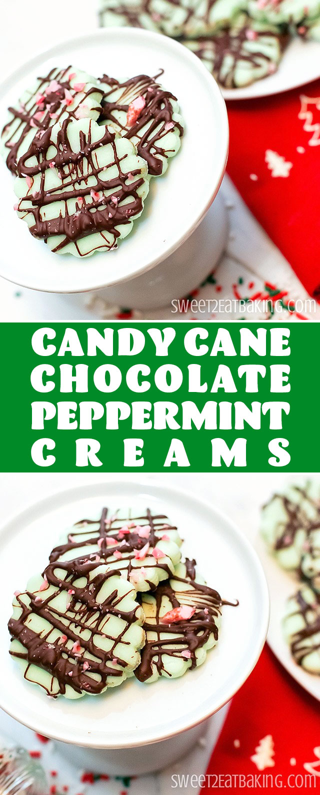 Candy Cane Chocolate Peppermint Creams Recipe by Sweet2EatBaking.com | These Candy Cane Chocolate Peppermint Creams are egg free, and have crushed candy canes for decoration and inside the creams too. Smothered with dark chocolate too, these Peppermint Creams make an ideal gift at Christmas