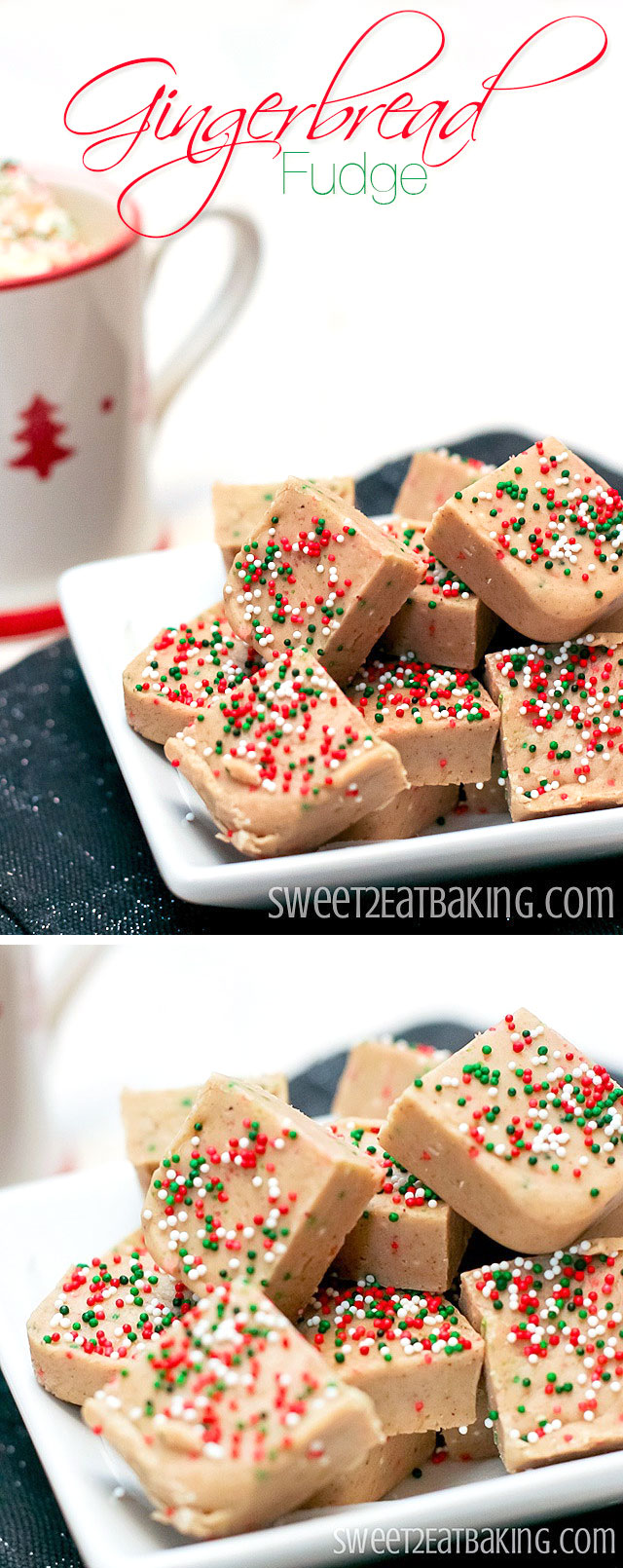 Gingerbread Fudge Recipe by Sweet2EatBaking.com | This quick and easy gingerbread fudge recipe is perfectly spiced and festive. You'll love how rich, creamy and crunchy this fudge is thanks to the festive Christmas sprinkles.