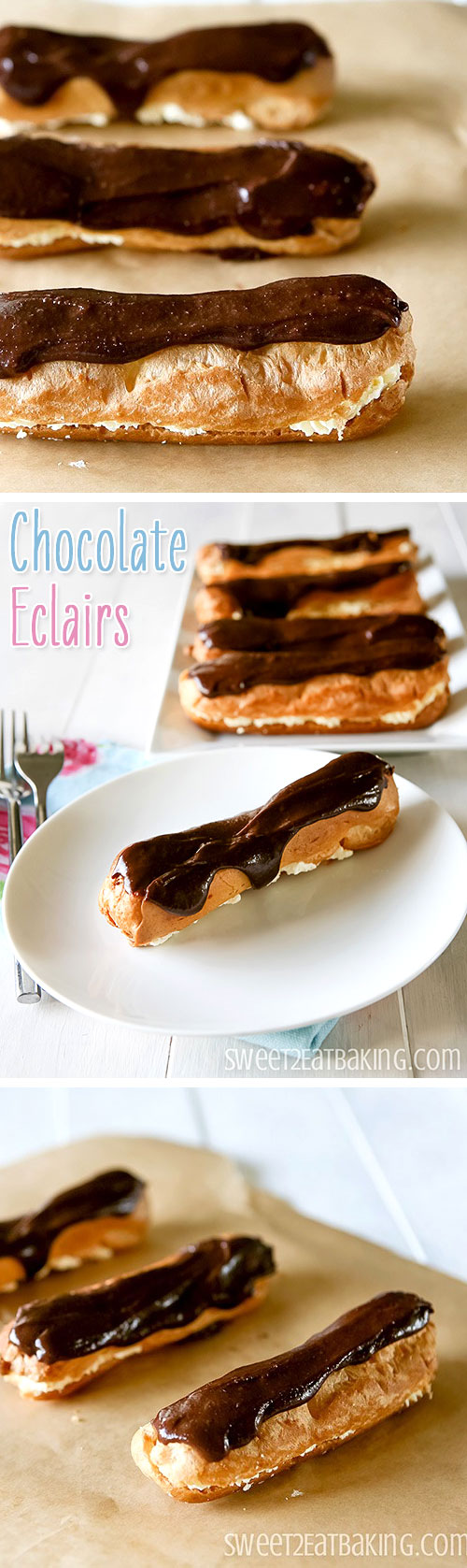 Chocolate Eclairs Recipe by Sweet2EatBaking.com | Don't be put off by the choux pastry, it's easy to make! A quick and easy dessert recipe.