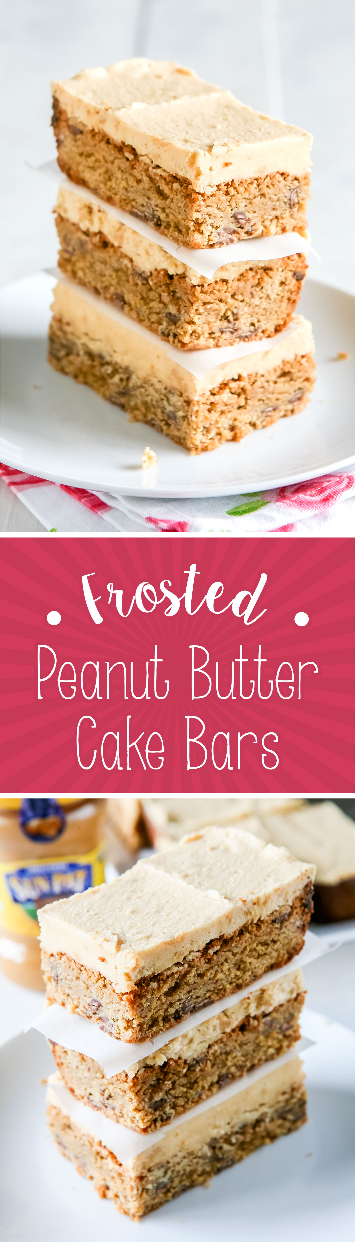 Frosted Peanut Butter Cake Bars Recipe by Sweet2EatBaking.com | These Frosted Peanut Butter Cake Bars are a peanut butter lovers dream! These cake bars are jam packed with peanut butter and milk chocolate chips.