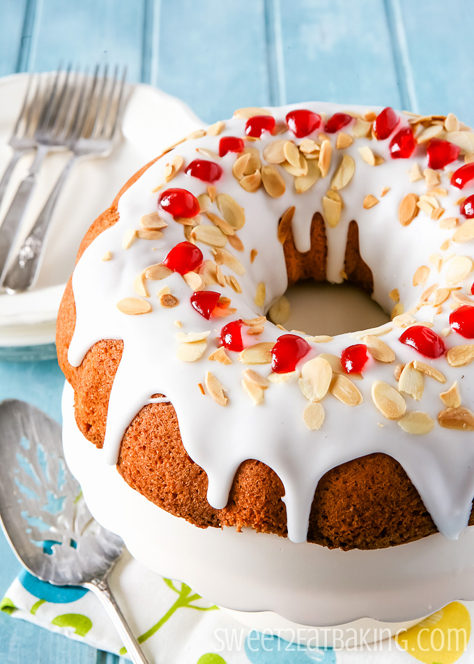 Cherry & Almond Bundt Cake Recipe by Sweet2EatBaking.com