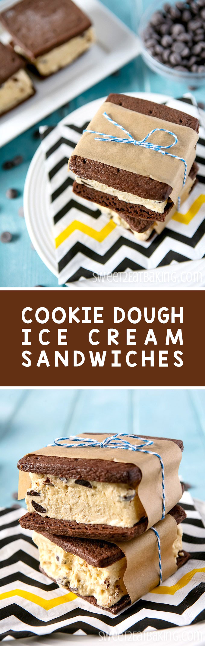 Beat the heat  with this Chocolate Chip Cookie Dough Ice Cream Sandwiches recipe by Sweet2EatBaking.com | Soft firm on the outside and chewy chocolate cookies, filled with a generous serving of delicious homemade cookie dough ice cream.