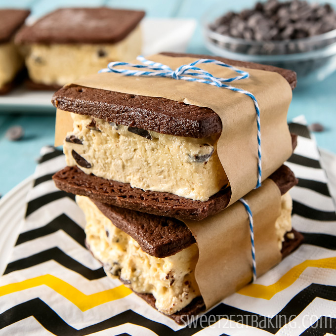 Chocolate Chip Cookie Dough Ice Cream Sandwiches | Sweet2EatBaking.com | #cookiedough #icecream #sandwiches #summer #recipe