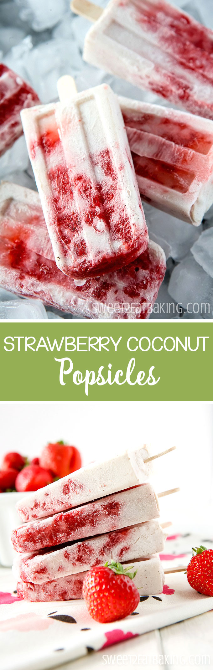 Natural Strawberry Coconut Popsicles Recipe by Sweet2EatBaking.com | Made using all natural ingredients- no refined sugar! Using strawberries, coconut milk, honey, and vanilla bean paste. A delicious way to beat the heat this summer!