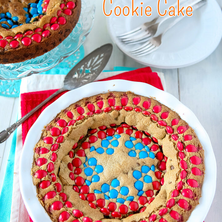 Brown Butter Captain America Chocolate Chip Cookie Cake | Sweet2EatBaking.com | #chocolatechips #cookie #cake #mms #recipe #baking