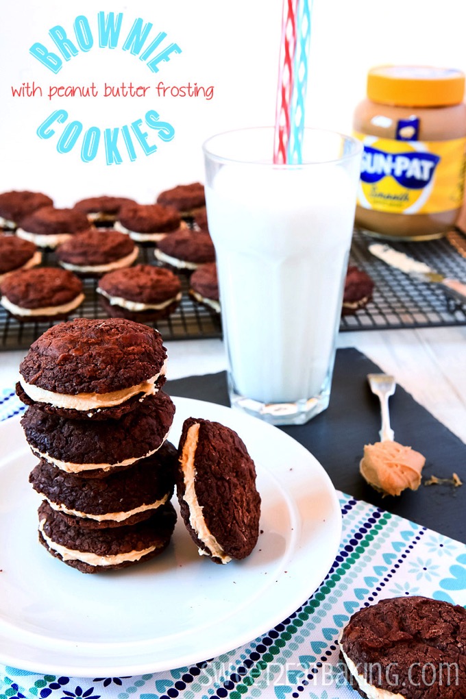 Brownie Sandwich Cookies with Peanut Butter Frosting by Sweet2EatBaking.com