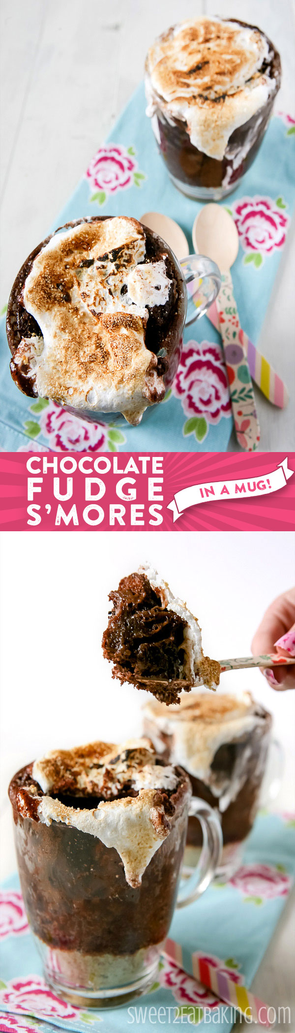 Gooey Chocolate Fudge S'mores Mug Cake Recipe by Sweet2EatBaking.com | A layer of graham cracker crumbs (digestive biscuits), smothered in a gooey moist chocolate cake, then topped off with ooey gooey roasted marshmallow fluff!
