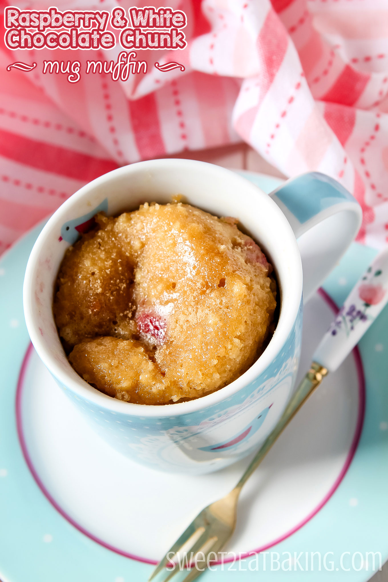 Raspberry & White Chunk Chocolate Mug Muffin Recipe by Sweet2EatBaking.com