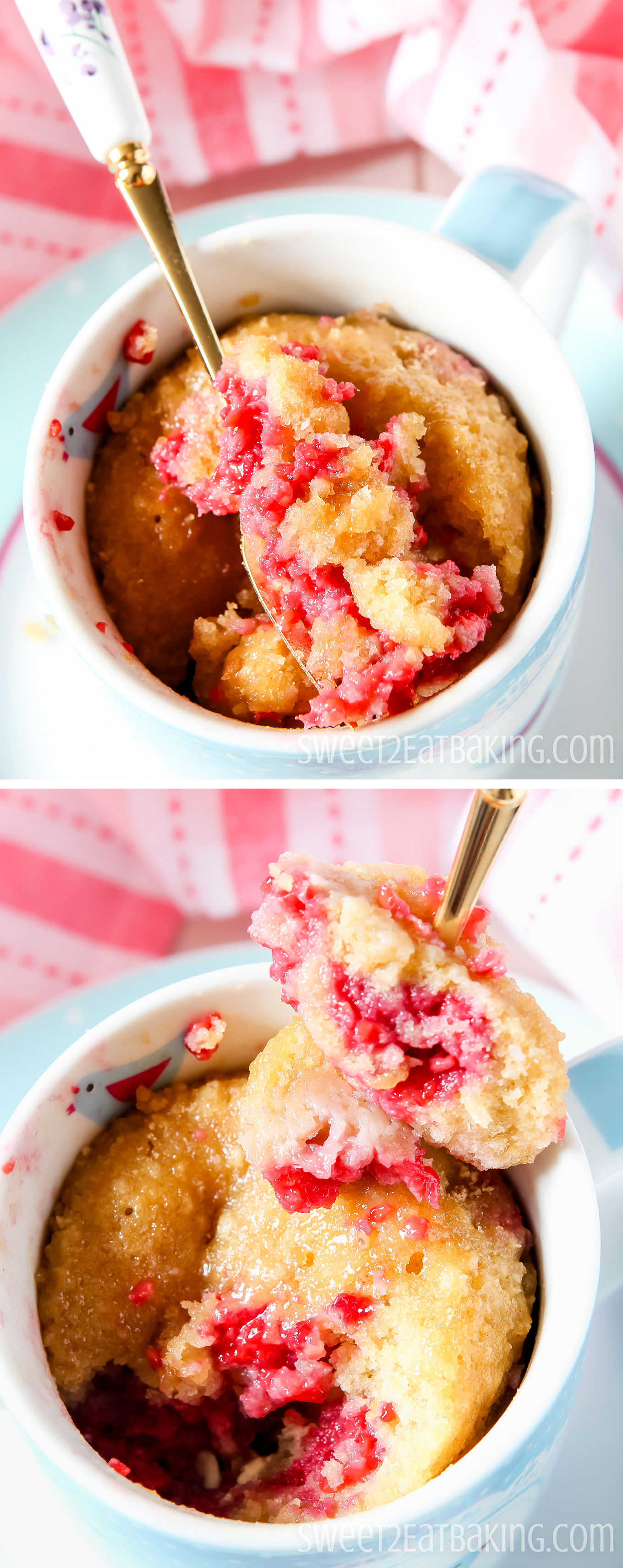Raspberry & White Chunk Chocolate Chip Mug Muffin Recipe by Sweet2EatBaking.com