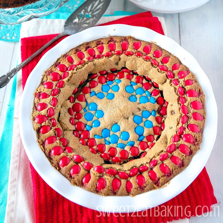 Captain America M&M Chocolate Chip Cookie Cake by Sweet2EatBaking.com