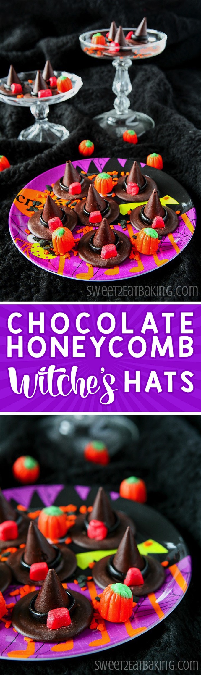 Chocolate Honeycomb Halloween Witches' Hats Recipe by Sweet2EatBaking.com | Spook your friends this Halloween with these edible witches' hats. They're made from crushed honeycomb and chocolate with liquorice and fondant ribbon details. Quick and easy to make, looks impressive, and perfect for a Halloween Party.