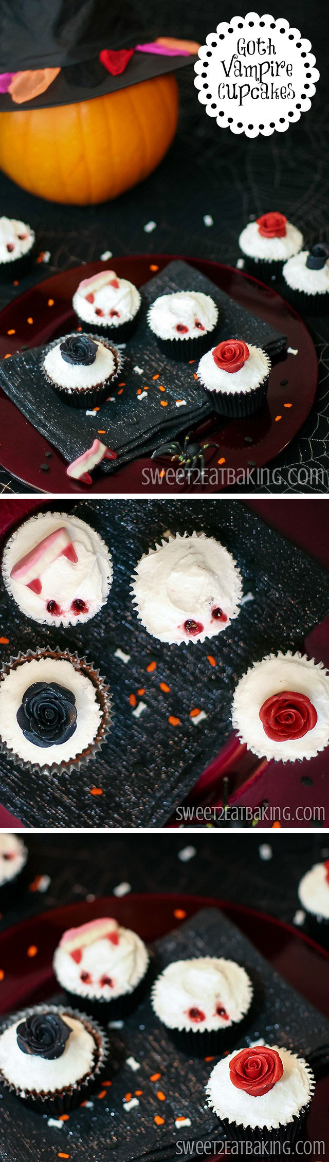 Gothic Roses and Vampire Bite Halloween Cupcakes Recipe by Sweet2EatBaking.com | Get back to goth with these Halloween themed moist Devil’s cardamom chocolate cupcakes. Black and blood red roses, and bloody vampire bites make these the perfect dessert for Halloween party.