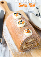 Halloween Fall Spice Swiss Roll (Roll Cake / Roulade) by Sweet2EatBaking.com | This Halloween Fall Spice Swiss Roll is delicately spiced with cinnamon, nutmeg, ginger, allspice, cloves, and filled with a tangy cream cheese frosting. Makes a great crowd pleaser for Halloween.