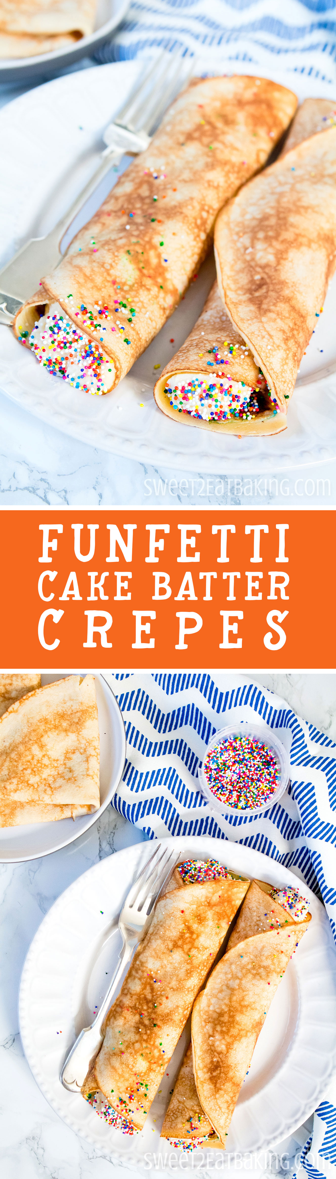 Funfetti Cake Batter Crêpes (Pancakes) Recipe by Sweet2EatBaking.com | These Crêpes taste just like cake batter and are the perfect treat this Shrove Tuesday (aka. Pancake Day or Pancake Tuesday). Made with cake mix both in the crêpe batter and the buttercream frosting, these crêpes will be your new favourite recipe