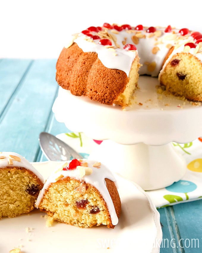 Cherry and Almond Bundt Cake Recipe by Sweet2EatBaking.com