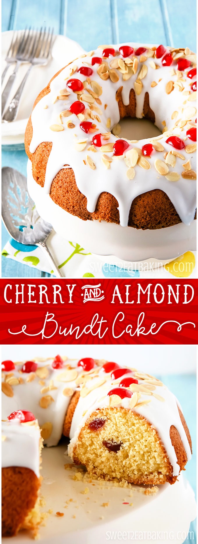 Cherry and Almond Bundt Cake Recipe by Sweet2EatBaking.com | This delicious Cherry and Almond Bundt Cake recipe is a light and moist cake, studded with french glacé cherries, ground almonds, and lemon zest throughout the batter. Topped off with a fresh lemon glacé icing and sprinkled with toasted almonds and glacé cherries.