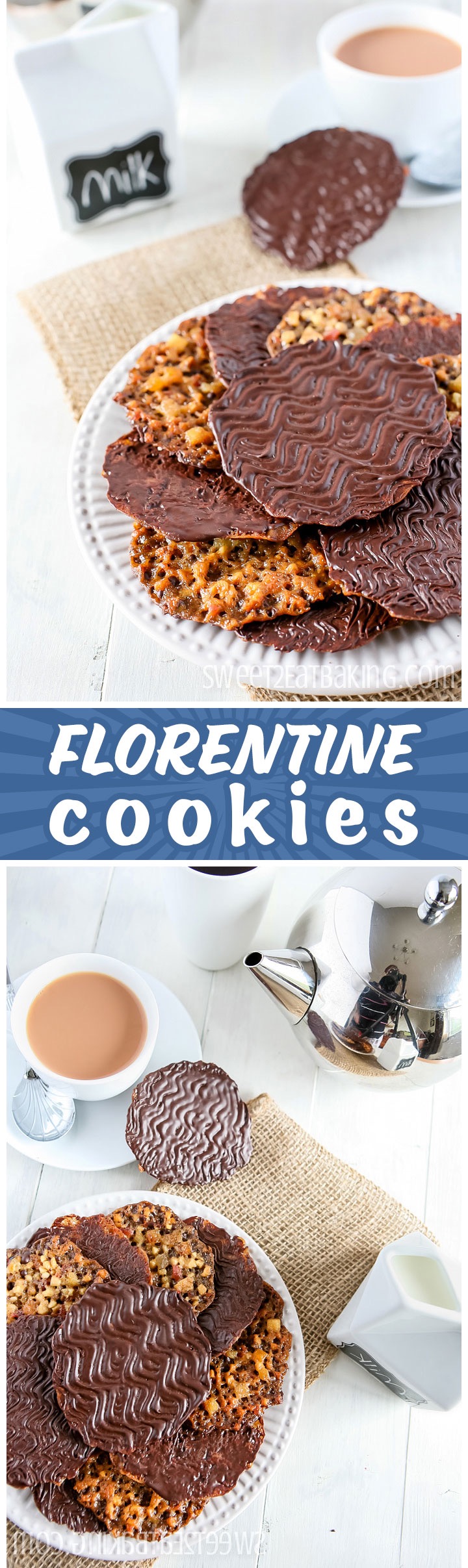 Florentines Cookie Recipe by Sweet2EatBaking.com | These Florentine cookies are a disc of caramel with glacé cherries, candied peel, toasted almonds, hazelnuts Topped off with a generous coating of rich dark chocolate. Little pretty discs of edible lace. :)